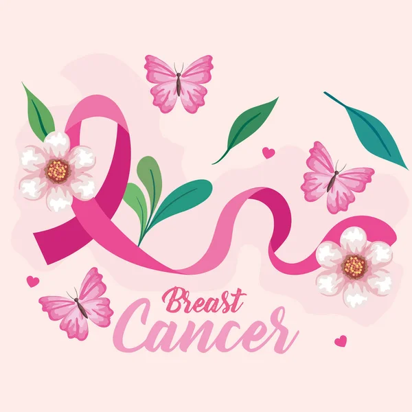Symbol för världens bröstcancer medvetenhet månad i oktober med rosa band, fjärilar, blad och hjärta dekoration — Stock vektor