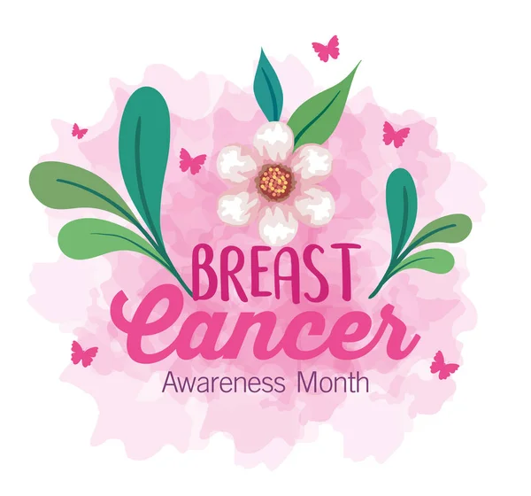 Symbole du mois mondial de sensibilisation au cancer du sein en octobre, avec décoration papillons, fleurs et feuilles — Image vectorielle