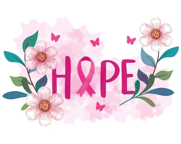 Symbole du mois mondial de sensibilisation au cancer du sein en octobre avec ruban rose, papillons, fleurs et feuilles décoration — Image vectorielle