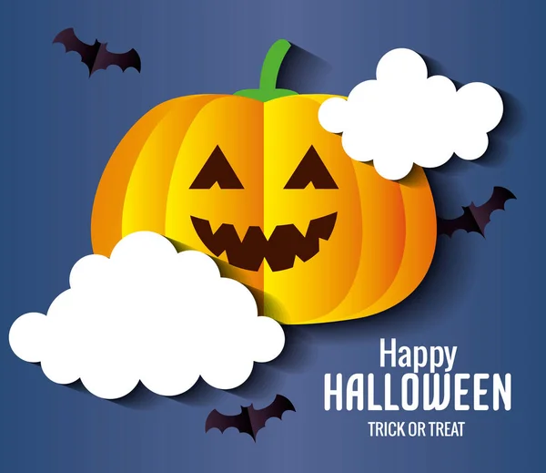 Glad halloween banner, med pumpa och fladdermöss flyger i papper stil — Stock vektor