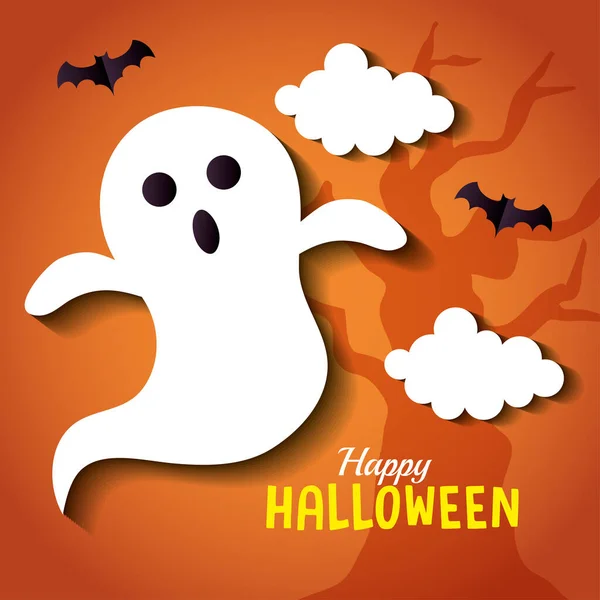 Fröhliches Halloween-Banner mit Gespenstern, Wolken und Fledermäusen im Scherenschnitt-Stil — Stockvektor