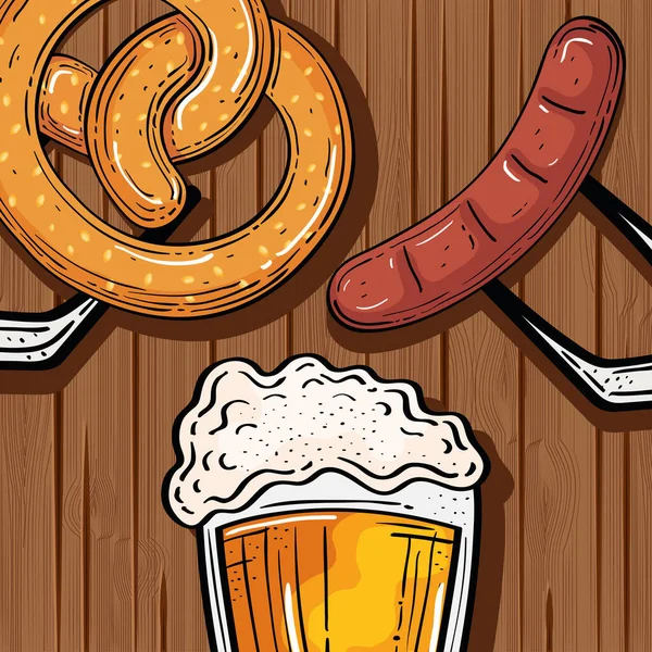 Copo de cerveja com pretzel e salsicha em fundo de madeira —  Vetores de Stock