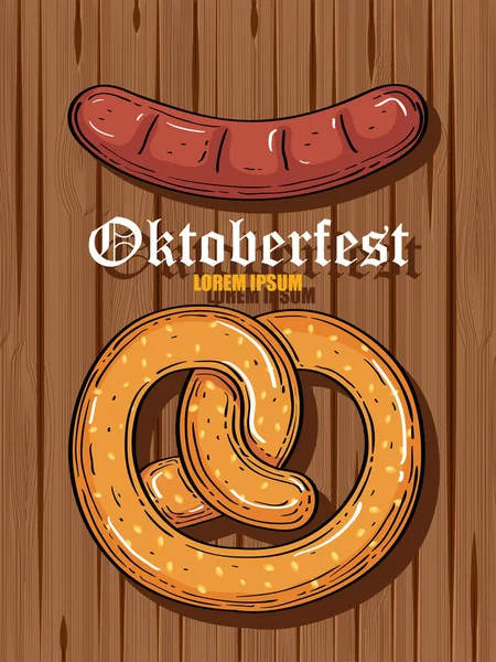 Oktoberfest fête du festival de la bière avec bretzel et saucisse en fond de bois — Image vectorielle