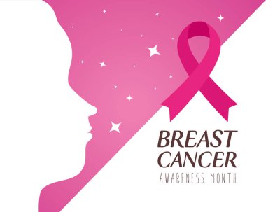 Kadın baş silueti pembe kurdele ile meme kanseri vektör tasarımı