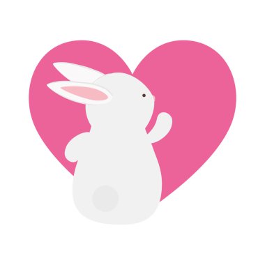 Pembe kalp vektör tasarımlı şirin beyaz tavşan çizgi filmi.