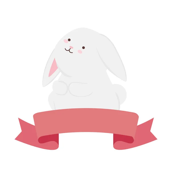 Desenhos animados de coelho branco bonito com design de vetor de fita —  Vetores de Stock
