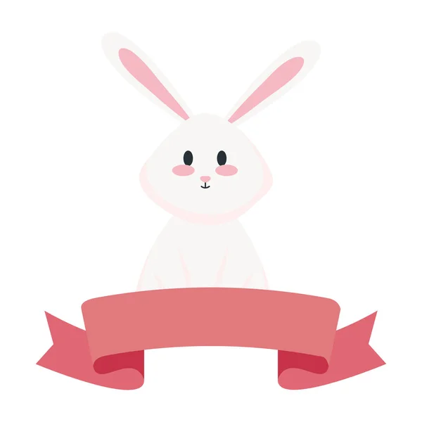 Cute white rabbit cartoon with ribbon vector design — Stock Vector