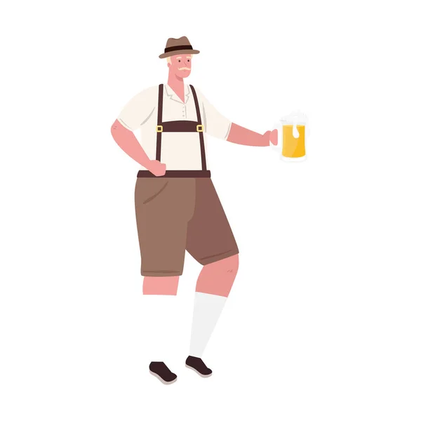 Desenho animado homem oktoberfest com pano tradicional e design de vetor de cerveja — Vetor de Stock