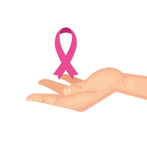 Cinta rosa sobre la mano del diseño de vectores de conciencia de cáncer de mama — Archivo Imágenes Vectoriales