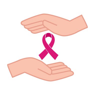 Göğüs kanserinin elleri arasındaki pembe kurdele. Farkındalık vektör tasarımı.