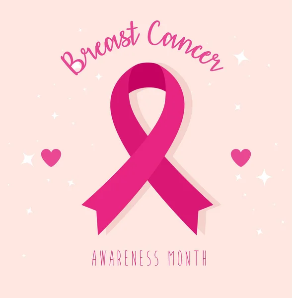 Ροζ κορδέλα με καρδιές από καρκίνο του μαστού — Διανυσματικό Αρχείο