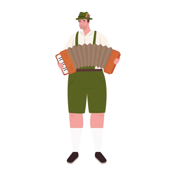 Oktoberfest hombre de dibujos animados con tela tradicional y diseño de acordeón vector — Vector de stock