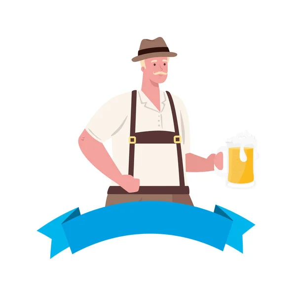 Desenho animado homem oktoberfest com pano tradicional e design de vetor de cerveja — Vetor de Stock