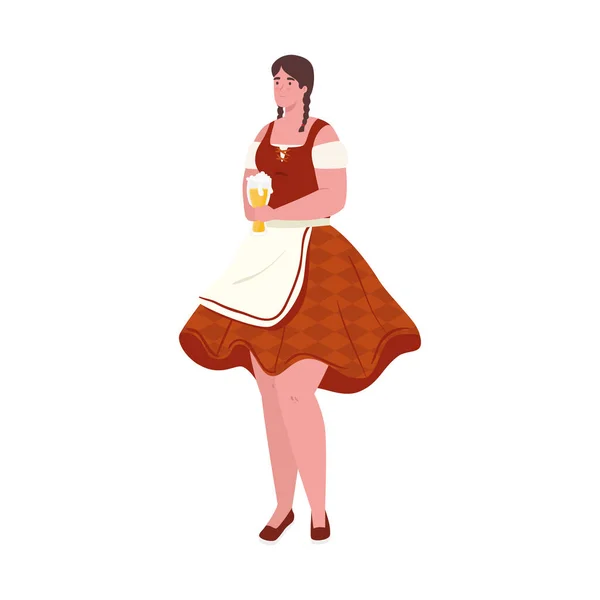 Oktoberfest mujer de dibujos animados con tela tradicional y diseño de vectores de cerveza — Vector de stock