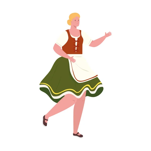 Oktoberfest mujer de dibujos animados con diseño de vectores de tela tradicional — Vector de stock