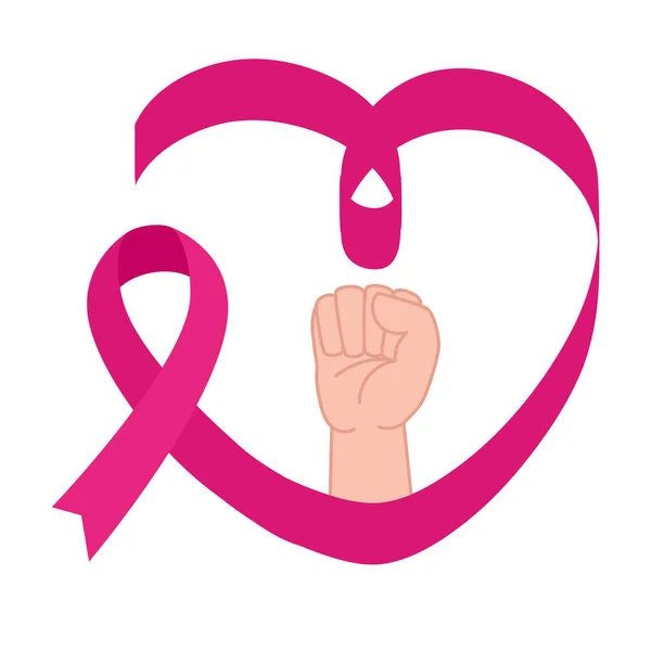 Pugno mano in nastro rosa a forma di cuore a forma di cancro al seno progettazione vettoriale consapevolezza — Vettoriale Stock