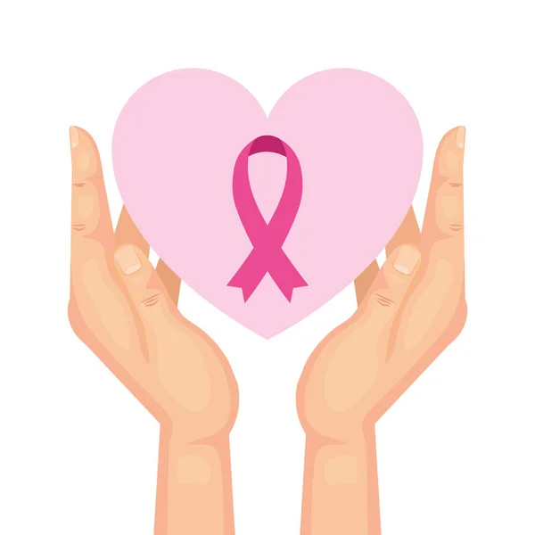 Mani con nastro rosa di disegno vettoriale di consapevolezza del cancro al seno — Vettoriale Stock