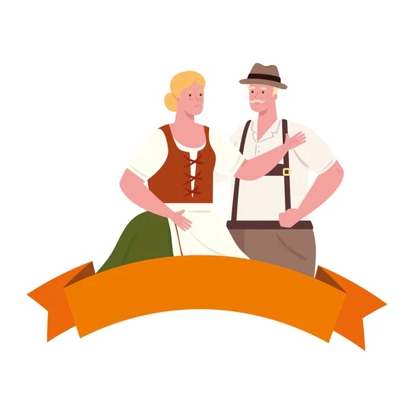 Oktoberfest Mann und Frau Karikatur mit traditionellem Stoffvektordesign — Stockvektor