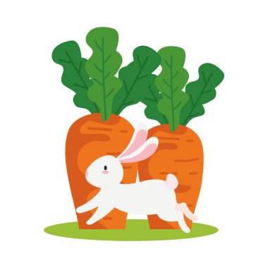 Havuç vektör tasarımlı şirin beyaz tavşan çizgi filmi.