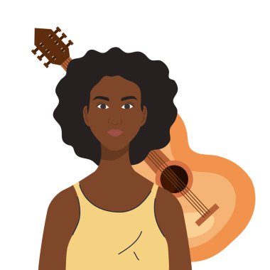 Gitar vektör tasarımının önünde siyah kadın çizgi filmi
