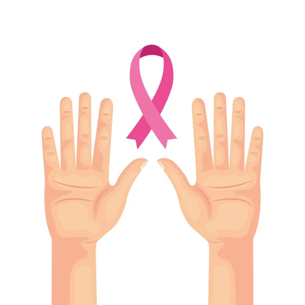 Mani con nastro rosa di disegno vettoriale di consapevolezza del cancro al seno — Vettoriale Stock