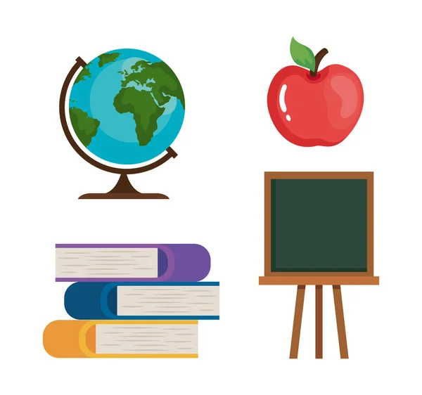Appelboeken groen bord en wereld sfeer van gelukkige leraren dag vector ontwerp — Stockvector