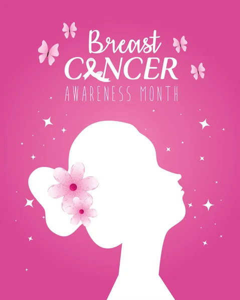 Silhouette de tête de femme avec des fleurs de conception vectorielle de sensibilisation au cancer du sein — Image vectorielle
