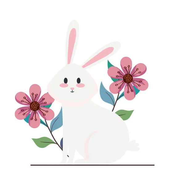 Çiçekli ve vektör tasarımlı şirin beyaz tavşan çizgi filmi — Stok Vektör