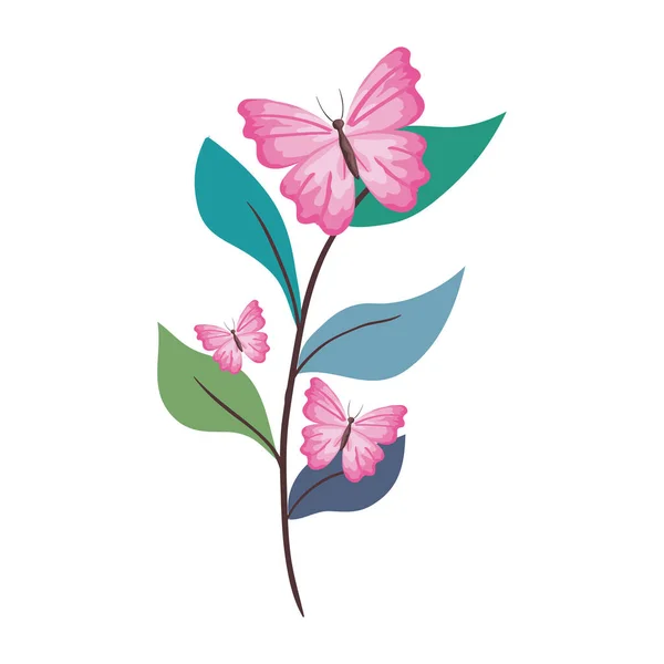 Farfalle rosa su foglie disegno vettoriale — Vettoriale Stock