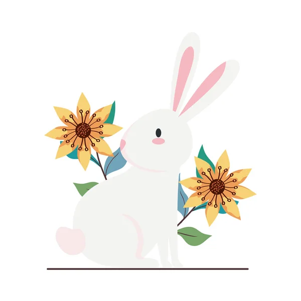 Lindo conejo blanco de dibujos animados con flores y hojas de diseño de vectores — Vector de stock