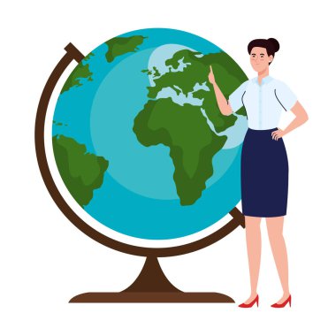 Dünyanın önündeki kadın öğretmen kürenin vektör tasarımı