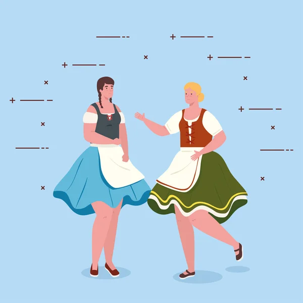 Oktoberfest mujeres dibujos animados con diseño de vectores de tela tradicional — Vector de stock