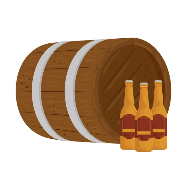Garrafas de cerveja isoladas com design de vetor de barril — Vetor de Stock