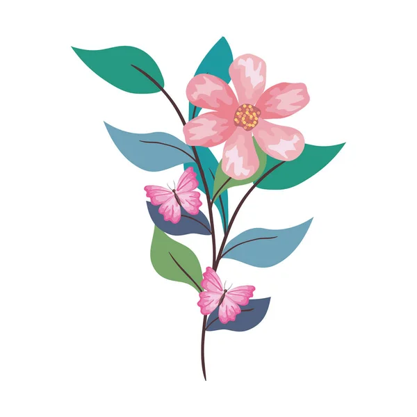 Розовые бабочки на цветке с векторным дизайном листьев — стоковый вектор
