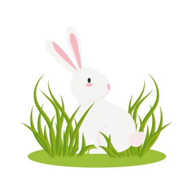 Yeşil çimen vektör tasarımlı şirin beyaz tavşan çizgi filmi
