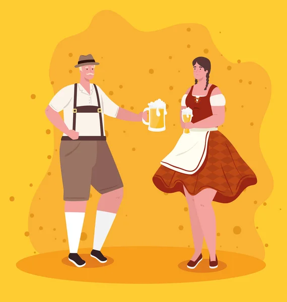 Oktoberfest mężczyzna i kobieta kreskówki z tradycyjnej tkaniny wektor projektu — Wektor stockowy