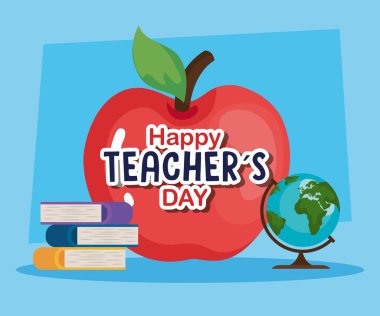 Elma kitapları ve mutlu öğretmenler günü vektör tasarımının dünya küresi