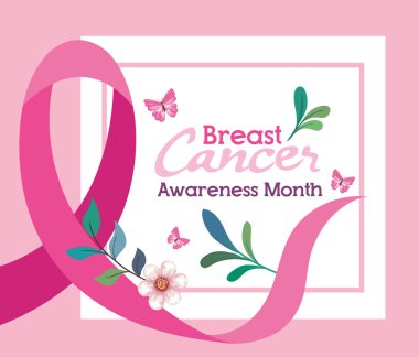 Göğüs kanseri farkındalık vektör tasarımı yapraklı pembe kurdele