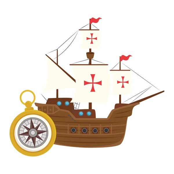 Columbus ship with gold compass vector design — Stock Vector
