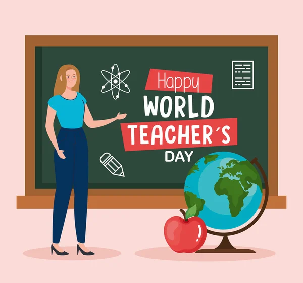 Profesora con tablero verde y esfera del mundo de los maestros felices día vector diseño — Vector de stock