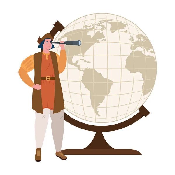 Desenhos animados de Cristóvão Colombo com telescópio e design vetorial de esfera mundial — Vetor de Stock