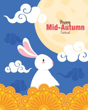 Ay çörekleri ve mutlu sonbahar ortası festival vektör tasarımı bulutlarıyla bir tavşan.