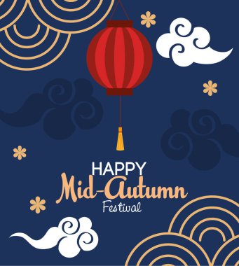 Mutlu sonbahar ortası festival vektör tasarımı bulutlarıyla kırmızı fener