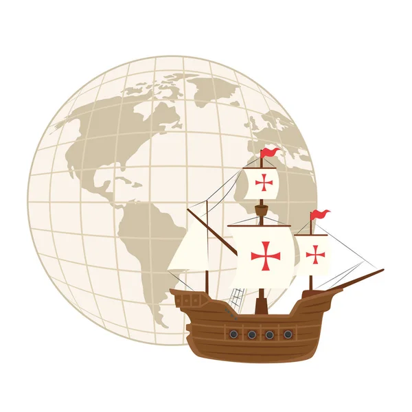 Columbus ship with world sphere vector design — Stock Vector