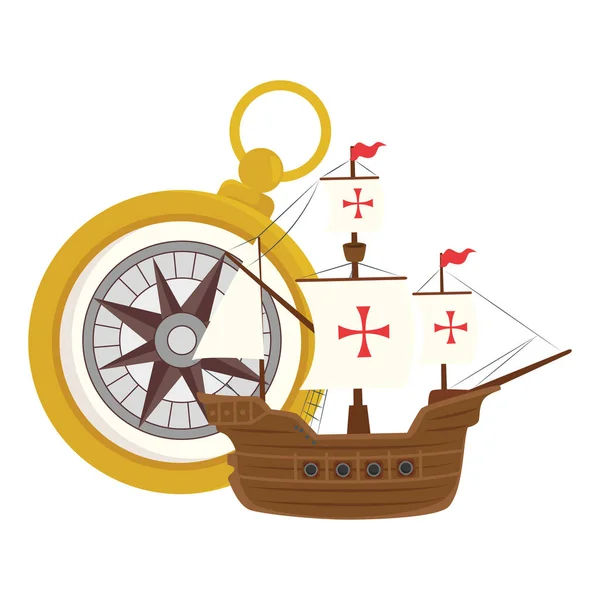 Nave Columbus con diseño de vectores de brújula dorada — Vector de stock
