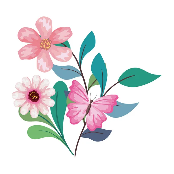 Papillon rose sur les fleurs avec la conception vectorielle de feuilles — Image vectorielle