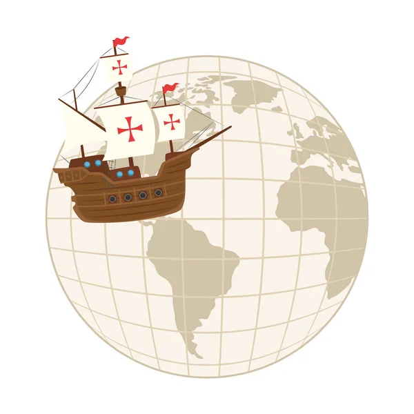 Dünya küre vektör tasarımlı Kolomb gemisi — Stok Vektör