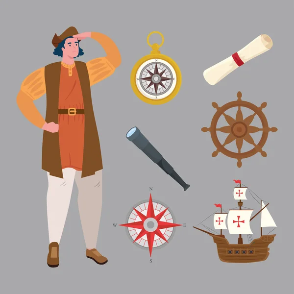 Dibujos animados de Cristóbal Colón con el diseño del vector icono conjunto — Vector de stock