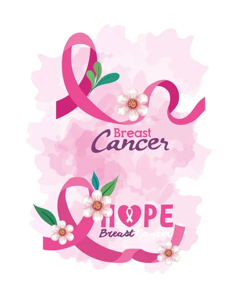 Pink ribbons with flowers of hope breast cancer awareness vector design — Stock Vector