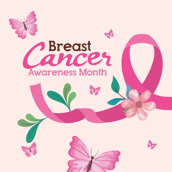Ruban rose avec fleur et papillons de conception vectorielle de sensibilisation au cancer du sein — Image vectorielle